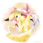  animal_focus artist_name black_eyes bow colored_skin commentary_request hat highres multicolored_background no_humans open_mouth pikachu pink_headwear pokemon pokemon_(creature) remedy_matome ribbon sylveon tail twitter_username white_background white_bow white_ribbon yellow_skin 