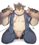  balls belly blush canid canine canis collar cum cum_drip cum_on_chest cum_on_face domestic_dog dripping erection flaccid foreskin group group_sex leash m_ikky male male/male mammal moritaka musclegut navel oral pecs penis scar sex threesome tokyo_afterschool_summoners uncut vein video_games 