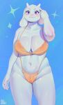 2023 4_fingers abstract_background anthro aruurara big_breasts bikini blush boss_monster bovid breasts caprine cleavage clothed clothing female fingers floppy_ears fur goat hand_on_ear hi_res mammal navel orange_bikini orange_clothing orange_swimwear purple_eyes slightly_chubby smile smiling_at_viewer solo swimwear toriel undertale undertale_(series) white_body white_fur