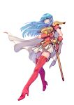  1girl aqua_eyes aqua_hair armor boots breastplate closed_mouth earrings eirika_(fire_emblem) fingerless_gloves fire_emblem fire_emblem:_the_sacred_stones full_body gloves holding holding_sheath holding_sword holding_weapon izapara jewelry long_hair looking_at_viewer red_footwear red_gloves red_shirt sheath sheathed shirt short_sleeves shoulder_armor sidelocks skirt solo sword thigh_boots twitter_username weapon white_background white_skirt 