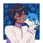  1boy arjuna_(fate) black_hair blush border cheek-to-cheek closed_eyes commentary_request coral creature crossover dark-skinned_male dark_skin fate/grand_order fate_(series) gloves hair_between_eyes happy heads_together highres holding holding_creature indian_clothes kiriti_aj korean_commentary male_focus open_mouth pokemon pokemon_(creature) portrait seashell shell shirt short_hair smile solo_focus spheal teeth white_border white_gloves white_shirt 