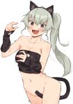  1girl absurdres anchovy_(girls_und_panzer) animal_ears breasts cat_ears cat_girl cat_lingerie cat_tail cowboy_shot embarrassed girls_und_panzer green_hair highres light_blush meme_attire paw_pose ponytail red_eyes sattinittas small_breasts tail white_background 