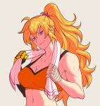  1girl abs ahoge blonde_hair looking_at_viewer midriff navel orange_sports_bra ponytail prosthesis prosthetic_arm purple_eyes rwby smile sports_bra towel towel_around_neck white_background yang_xiao_long yellow_nicky 