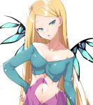  1girl aqua_eyes bare_shoulders blonde_hair blue_eyes breasts facing_viewer half-closed_eyes head_tilt long_hair long_sleeves looking_down midriff navel open_mouth solo very_long_hair w.i.t.c.h. white_background wings 