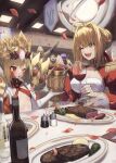  2girls 3boys \o/ ahoge arms_up blonde_hair bottle breasts brown_hair caligula_(fate) cleavage crown cup dinner drinking_glass epaulettes falling_petals fate/grand_order fate_(series) food green_eyes hair_intakes helmet highres janoukyo19 julius_caesar_(fate) meat multiple_boys multiple_girls nero_claudius_(fate) nero_claudius_(fate/extra) one_eye_closed outstretched_arms petals purple_hair queen_draco_(fate) red_eyes romulus_(fate) wine_bottle wine_glass 