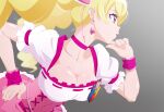  1girl blonde_hair breasts choker cleavage collarbone cure_peach earrings fresh_precure! fuchi_(nightmare) gradient_background hair_ornament hand_on_own_hip heart heart_earrings heart_hair_ornament jewelry large_breasts long_hair magical_girl momozono_love pink_choker pink_eyes precure puffy_short_sleeves puffy_sleeves shirt short_sleeves solo twintails white_shirt wrist_cuffs 