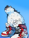 among_us anthro barb_(artist) black_ears clothing felid feline footwear fur hair hi_res humor innersloth long_hair looking_down male mammal meme orange_eyes pantherine shoelaces shoes simple_background snow_leopard solo spots spotted_body white_body white_fur