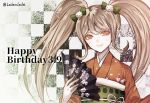  1girl artist_name blonde_hair bow cat_hair_ornament commentary_request danganronpa dated eyebrows_visible_through_hair fan green_bow hair_between_eyes hair_bow hair_ornament happy_birthday holding holding_fan japanese_clothes kimono long_hair long_sleeves looking_at_viewer orange_eyes orange_kimono saionji_hiyoko smile solo super_danganronpa_2 twintails twitter_username upper_body z-epto_(chat-noir86) 