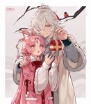  1boy 1girl blush bow-shaped_hair box chui_art couple forehead_jewel fu_xuan_(honkai:_star_rail) fur-trimmed_sleeves fur_trim gift gift_box hair_ornament hair_over_one_eye height_difference high_ponytail highres holding holding_gift honkai:_star_rail honkai_(series) jing_yuan long_hair low_twintails mole mole_under_eye parted_bangs pink_hair ponytail smile twintails very_long_hair white_hair winter winter_clothes yellow_eyes 