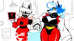 2023 android anthro beth_(the-hydroxian) black_body black_eyes blue_body breasts canid canine canis cleavage clothed clothing digital_creature duo exclamation_point eyewear female glasses hi_res kaita_(the-hydroxian) kobold_factory machine mammal robot wolf yellow_sclera
