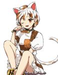  1girl animal_ears ass bell cat_ears cat_tail extra_ears frilled_skirt frills gold goutokuji_mike highres jingle_bell kaigen_1025 koban_(gold) multicolored_hair one_eye_closed open_mouth orange_eyes orange_hair patch puffy_short_sleeves puffy_sleeves shirt short_hair short_sleeves simple_background skirt smile solo streaked_hair tail touhou white_background white_hair white_shirt white_skirt 