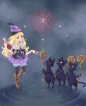  1girl black_cat blonde_hair bloomers book boots capelet cat commentary_request dress full_body grimgrimoire hat highres holding holding_book holding_staff lillet_blan long_hair looking_at_another mage_staff magic_circle multiple_cats open_mouth purple_dress purple_eyes ripples smile staff wand wizard_hat 