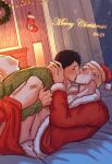  2boys absurdres alternate_costume bara bertolt_hoover black_hair blonde_hair blush christmas closed_eyes clothed_sex convenient_censoring couple from_side happy_sex hat highres kiss male_focus merry_christmas missionary multiple_boys ohyay342 pants pants_around_one_leg pectorals profile red_headwear reiner_braun santa_costume santa_hat shingeki_no_kyojin short_hair sweat thick_eyebrows yaoi 