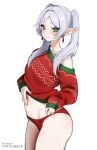  1girl blush christmas_sweater closed_mouth collarbone commentary cowboy_shot earrings elf english_commentary frieren green_hair grey_hair highres jewelry long_hair long_sleeves looking_at_viewer navel panties patreon_username pointy_ears red_panties red_sweater simple_background single_bare_shoulder smile solo sousou_no_frieren sweater thick_eyebrows tofuubear twintails underwear white_background 