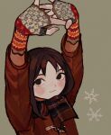  1girl arms_up azumanga_daioh brown_coat brown_eyes brown_hair casual coat cracking_knuckles fingerless_gloves gloves green_background io_(onisarashi) kasuga_ayumu knit_gloves light_smile long_hair plaid plaid_scarf scarf simple_background smile snowflakes solo winter winter_clothes winter_coat 