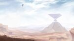  aircraft anna_(drw01) commentary_request day desert genshin_impact grass highres hot_air_balloon mountainous_horizon no_humans outdoors overcast pyramid_(structure) sand scenery sky 