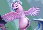  2019 anus avian beak blurred_background but clothing feathered_wings feathers female feral friendship_is_magic hi_res hippogryph mercurial64 my_little_pony pussy silverstream_(mlp) solo spread_wings wings 