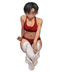  1girl black_hair bra breasts dark-skinned_female dark_skin grey_eyes highres medium_breasts navel open_mouth original panties red_bra red_panties rinotuna short_hair solo stomach thighhighs underwear white_thighhighs 