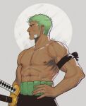  1boy abs absurdres bandaid bandaid_on_face black_eyes black_pants circle earrings enri_(ceinordraws) from_side green_hair grey_background hand_on_own_hip haramaki highres jewelry looking_ahead male_focus multiple_swords muscular nipples one_piece pants pectorals roronoa_zoro scar scar_on_chest serious short_hair single_earring standing sword tan thick_arms veins veiny_arms weapon 