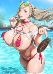  1girl areola_slip blonde_hair blue_nails breasts candy earrings eyewear_on_head female_pubic_hair food green_eyes heart heart_earrings huge_breasts jewelry key kunaboto lollipop looking_at_viewer nail_polish persona persona_5 pointing pointing_at_viewer pool pubic_hair puffy_nipples solo_focus sunglasses swimsuit takamaki_anne thick_thighs thighs twintails water wet wet_clothes 