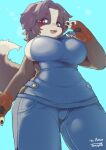 absurd_res amaverse angel_welina anthro bernese_mountain_dog big_breasts breasts canid canine canis clothing curvy_figure domestic_dog female female_anthro hair hi_res huge_breasts kemono looking_at_viewer mammal molosser mountain_dog open_mouth open_smile overalls paws sky slightly_chubby smile smiling_at_viewer solo swiss_mountain_dog tenyati thick_thighs voluptuous