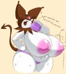 anthro areola belly beverage big_breasts black_eyes bodily_fluids breasts chubby_female clothing container cup dialogue drinking female fur hi_res huge_breasts huge_thighs hyper hyper_breasts kuromi navel nipples onegai_my_melody panties pointed_tail sanrio simple_eyes solo standing sweat tail text tha_randomu thick_thighs underwear white_body white_fur