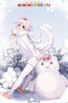  1girl animal_ears black_eyes copyright_name extra_ears gloves grey_hair highres kemono_friends kemono_friends_kingdom least_weasel_(kemono_friends) looking_at_viewer official_art outdoors pantyhose ribbon scarf shoes short_hair shorts snow snowball snowman solo sweater tail weasel_ears weasel_girl weasel_tail 