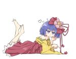 bare_legs barefoot blunt_bangs bowl_cut closed_mouth frilled_skirt frills green_skirt hair_ornament hakama heart hieda_no_akyuu highres japanese_clothes jitome kimono leg_up lying off_shoulder on_side on_stomach pointing primsla purple_eyes purple_hair red_hakama red_ribbon red_skirt ribbon skirt smile tassel the_pose toes touhou white_background yellow_kimono yellow_skirt 