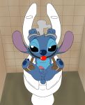  2019 4_fingers absurd_res alien anus ball_gag balls bathroom black_eyes blue_fur blue_nose blue_pawpads digital_media_(artwork) disney experiment_(species) fur gag half-closed_eyes handcuffs head_tuft hi_res lilo_and_stitch looking_at_viewer male pawpads penis presenting public_use puffy_anus shackles small_tail smile solo stitch theoryofstrings toilet tuft 