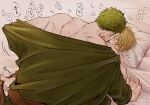  2boys back barefoot bed_sheet blonde_hair blue_eyes blush chimaaa333 coat colored_skin curly_eyebrows french_kiss from_above green_coat green_hair highres implied_sex kiss lying male_focus multiple_boys on_back on_bed on_person one_piece pillow red_sash roronoa_zoro sanji_(one_piece) sash shirt_grab short_hair speech_bubble sweat tongue unworn_coat white_skin yaoi 