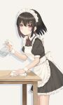  1girl absurdres apron black_dress black_hair blush bob_cut bottle cleaning dress hair_ornament hairclip highres iro_haruno looking_at_viewer maid maid_apron maid_headdress original red_eyes short_sleeves simple_background slight_smile spray_bottle standing table white_background wrist_cuffs 