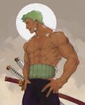  1boy abs absurdres bandaid bandaid_on_face black_eyes circle earrings enri_(ceinordraws) from_side green_hair grey_background hands_on_own_hips haramaki highres jewelry licking_lips looking_ahead male_focus multiple_swords muscular nipples one_piece pants pectorals purple_pants roronoa_zoro scar scar_on_chest short_hair single_earring smile standing sword tan thick_arms tongue tongue_out veins veiny_arms weapon 