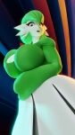 3d_(artwork) 4k 9:16 abstract_background absurd_res big_breasts biped blender_(software) blender_cycles bob_cut bottomwear breasts clothing digital_media_(artwork) female fever-dreamer gardevoir generation_3_pokemon green_hair hair hand_on_breast hand_on_stomach hi_res humanoid long_sleeves looking_at_viewer looking_down nintendo pokemon pokemon_(species) red_eyes shocked_expression skirt surprised_expression warfare warfare_machine white_body white_bottomwear white_clothing white_skin white_skirt