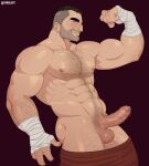  1boy abs absurdres arm_hair ass bara beard_stubble black_hair blush chest_hair clothes_pull come_hither david_king_(dead_by_daylight) dead_by_daylight erection eyebrow_cut foreskin girthy_penis hairy highres knuckle_hair large_pectorals leg_hair male_focus mature_male multicolored_hair muscular muscular_male navel navel_hair nipples pants pants_pull pectorals penis precum precum_drip profile seductive_smile short_hair smike_(smikeart) smile solo stomach thick_eyebrows topless_male two-tone_hair uncensored undercut veins veiny_penis 