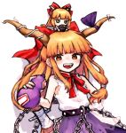  1girl bow brown_eyes commentary_request fumo_(doll) gourd hair_bow highres horn_ornament horn_ribbon horns ibuki_suika long_hair looking_at_viewer low-tied_long_hair natucurage neckerchief open_mouth orange_eyes orange_hair purple_ribbon purple_skirt red_bow red_neckerchief ribbon shirt simple_background skirt solo torn_clothes torn_sleeves touhou twitter_username white_background white_shirt 