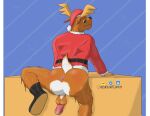 animal_crossing anthro antlers anus assassinfenrir backsack balls belt black_eyes black_nose blush boots bottomless brown_body brown_fur butt christmas christmas_clothing christmas_headwear clothed clothing colored costume deer digital_media_(artwork) footwear fur genitals hat headgear headwear hi_res holidays horn humanoid_genitalia humanoid_penis jingle_(animal_crossing) looking_at_viewer looking_back male mammal multicolored_body multicolored_fur new_world_deer nintendo penis pink_penis presenting presenting_hindquarters reindeer santa_costume santa_hat shaded simple_background solo star_eyes tail two_tone_body two_tone_fur watermark white_body white_fur