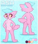 anthro blue_hair butt canid canine canis chest_tuft dogslickingsoda featureless_crotch fur hair hands_on_hips male mammal model_sheet nude open_mouth pink_body pink_fur red_eyes simple_background smile solo spread_legs spreading standing tail text tuft wolf yellow_sclera