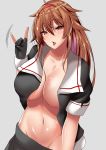  1girl absurdres ahoge ar_(lover_boy) breasts brown_hair cleavage gloves hair_flaps handjob_gesture heart heart-shaped_pupils highres kantai_collection large_breasts long_hair looking_at_viewer navel no_panties open_clothes open_mouth partly_fingerless_gloves remodel_(kantai_collection) shiratsuyu_(kantai_collection) simple_background symbol-shaped_pupils 