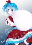  1girl aqua_eyes aqua_hair dress gloves hair_between_eyes holding holding_sack looking_at_viewer looking_back mega_man_(series) mega_man_x_(series) mega_man_x_dive merry_christmas parted_lips red_dress red_gloves rico_(mega_man) sack santa_dress shizuki_airu side_ponytail solo 