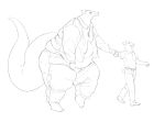 2022 anthro barefoot belly bottomwear bovid caprine cettus clothed clothing dragon dress_shirt duo feet footwear frill_(anatomy) fritjof fully_clothed grumpy hand_holding hi_res jewelry macro male mammal necklace obese obese_anthro obese_male open_clothing open_shirt open_topwear overweight overweight_anthro overweight_male pants partially_clothed scalie sheep shirt shoes size_difference sketch tail thick_tail topwear torn_clothing walking