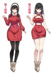  1girl absurdres bare_shoulders black_hair boots breasts cleavage clothing_cutout dress earrings full_body hairband highres jewelry kuroko_(user_jtty5588) large_breasts long_hair looking_at_viewer multiple_views pantyhose red_dress red_eyes red_sweater short_dress sidelocks smile spy_x_family stomach_cutout sweater translation_request variations white_hairband yor_briar 