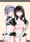  2girls alternate_costume apron asashio_(kantai_collection) ass black_dress black_hair blue_hair blush breasts dress enmaided grey_eyes highres kantai_collection long_hair looking_at_viewer maid maid_apron maid_headdress miyuki_yaya multiple_girls navel no_bra no_panties ooshio_(kantai_collection) open_mouth pubic_hair short_twintails skirt small_breasts smile twintails 