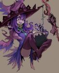  129adam 1girl breasts dress grey_background hat highres holding long_hair original potion purple_dress purple_hair purple_headwear purple_thighhighs red_eyes skeletal_arm smile solo stitched_mouth stitches thighhighs witch witch_hat 