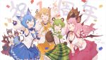  6+girls animal_ears animare anniversary bangs bat_ears bat_wings bear_ears black_hair blue_eyes blue_hair blue_skirt blush bow bowtie breasts brown_eyes brown_hair bunny_ears cat_ears cat_tail cleavage commentary confetti crying detached_sleeves dog_ears fox_ears fox_tail gloves green_bow green_hair green_skirt hair_between_eyes hinokuma_ran inaba_haneru_(animare) inari_kuromu index_finger_raised junwool kuroinu_karubi kuroneko_nanashi large_breasts long_hair long_sleeves looking_at_viewer medium_breasts medium_hair multicolored_hair multiple_girls name_tag neckerchief one_eye_closed open_mouth paw_gloves paws pink_eyes pink_hair pink_skirt polka_dot polka_dot_bow puffy_sleeves ribbon round_teeth shirt short_hair simple_background skirt small_breasts smile souya_ichika streaked_hair tail tearing_up tears teeth translated umori_hinako virtual_youtuber white_background white_shirt wings wrist_ribbon yellow_neckwear yellow_skirt 