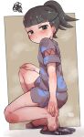  1girl absurdres black_eyes black_hair blush closed_mouth commentary_request cum_in_footwear festival_girl_(pokemon) full_body highres pokemon pokemon_sv ponytail sandals shirt short_hair short_shorts short_sleeves shorts solo squiggle taitanic6242 