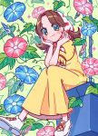  1girl absurdres blue_flower blush brown_hair dress flower highres looking_at_viewer medium_hair morning_glory original otoboke_hoka pink_flower plant shoes short_sleeves smile solo white_footwear yellow_dress 