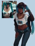  1girl ai-generated_art_(topic) alternate_skin_color baseball_cap belt black_choker black_jacket blue_belt blue_eyes blue_hair blue_pants bra_strap breasts chain_necklace choker commentary cropped_shirt dark-skinned_female dark_skin earrings hat hatsune_miku highres hoop_earrings jacket jewelry long_finger medium_breasts navel_piercing necklace off_shoulder open_mouth pants piercing queruninn reference_inset solo twintails very_dark_skin vocaloid 