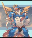  2019 5_fingers anthro anthrofied blue_fur canid canine fur legendary_pok&eacute;mon male mammal melee_weapon muscular muscular_male nintendo open_mouth pok&eacute;mon pok&eacute;mon_(species) red_fur solo standing sword tengo video_games weapon white_fur zacian 