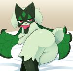 2023 ambiguous_gender anthro black_claws black_pupils butt claws finger_claws fur generation_9_pokemon green_body green_butt green_fur green_tail hi_res iris looking_at_viewer meowscarada nintendo open_mouth pokemon pokemon_(species) pose pupils solo sum tail tongue