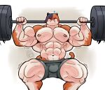anthro big_bulge blush bodily_fluids bulge domestic_cat epic_games exercise felid feline felis fortnite hi_res holding_breath holding_object its_coldpizza male mammal meowscles moobs muscular muscular_male nipples shorts_only solo solo_focus sweat weights workout